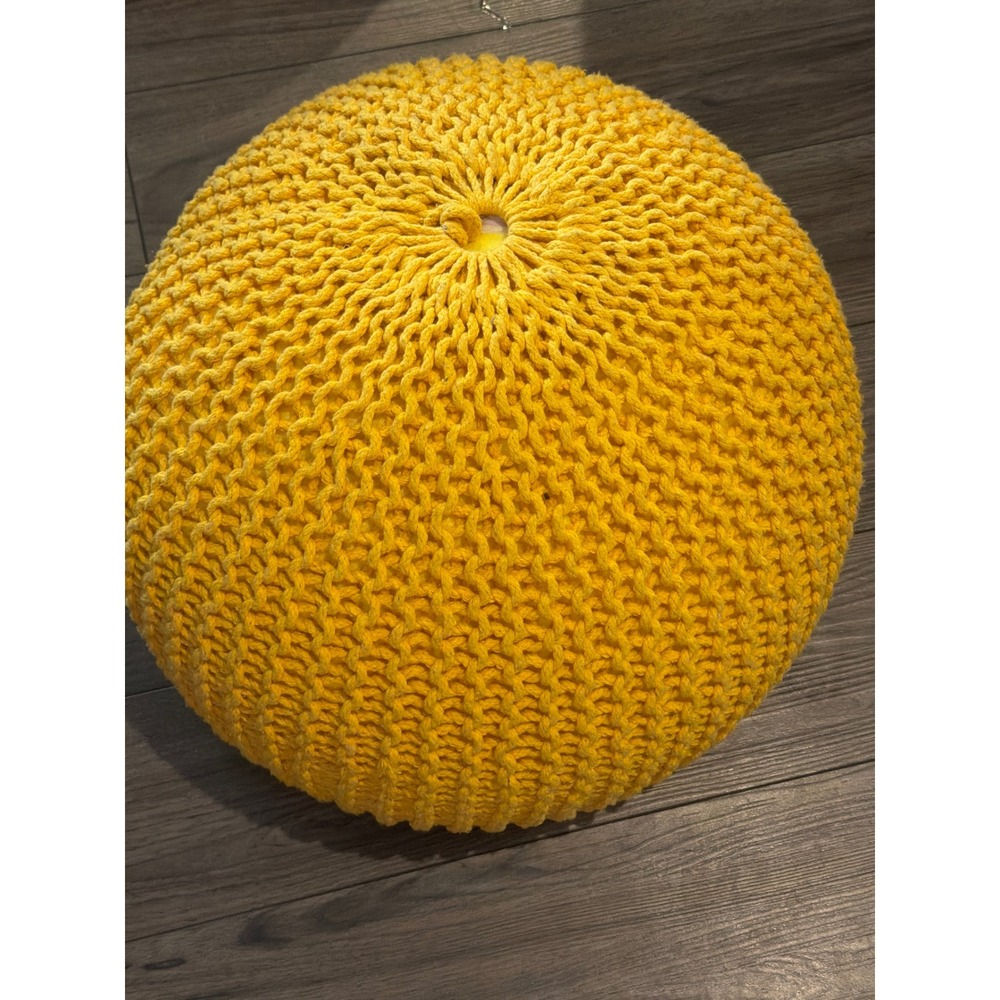 Mustard Yellow Chunky Knit Pouf Ottoman Round Cotton Floor Cushion Boho Decor